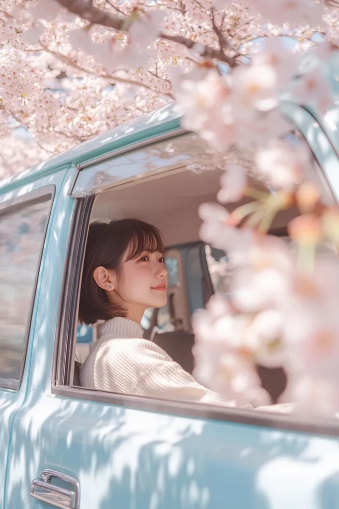 A young woman with short dark hair sits in a light blue vintage car.  She's wearing a cream-colored sweater and looking out the window, seemingly enjoying a sunny day.  Delicate cherry blossoms frame the scene, partially obscuring the car and creating a soft, romantic atmosphere. The overall image evokes a feeling of peace and gentle beauty.
