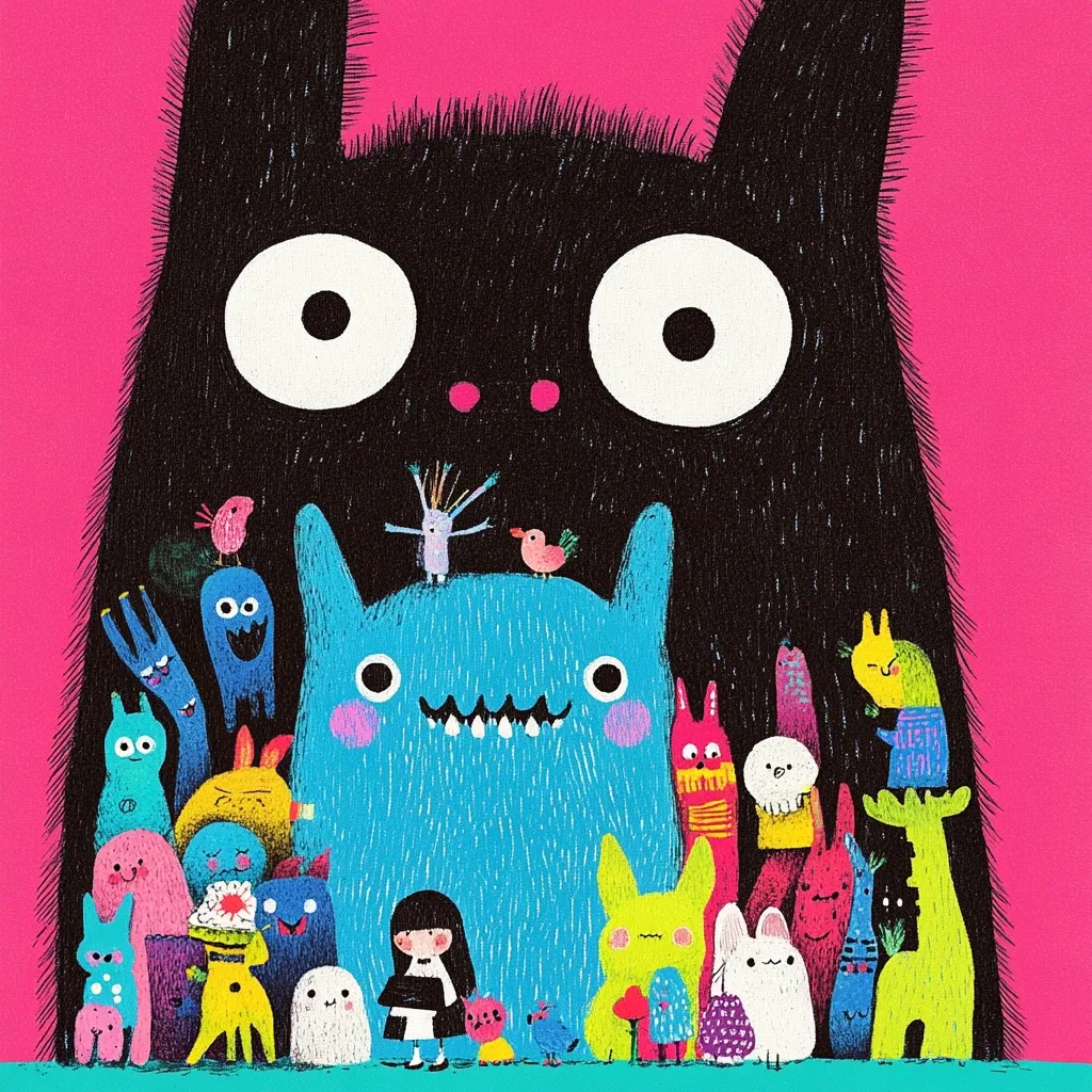 A large, furry black monster with big white eyes dominates a vibrant pink background.  Surrounding it is a colorful crowd of smaller, whimsical monsters and creatures of various shapes and sizes.  A small girl in a dark dress stands in front, observing the scene.  The style is playful and textured, with crayon-like markings creating a childlike aesthetic.