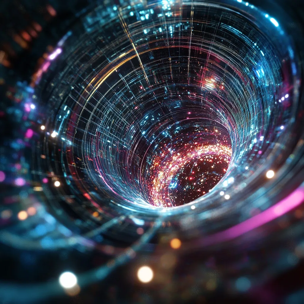 A vibrant, abstract digital artwork depicts a swirling vortex of light and data.  Intricate lines of blue, pink, and orange radiate from a central point, creating a tunnel-like effect.  Sparkling particles and glowing embers fill the core, suggesting a dynamic energy flow. The image evokes a sense of movement, depth, and the vastness of cyberspace or a futuristic technological landscape.