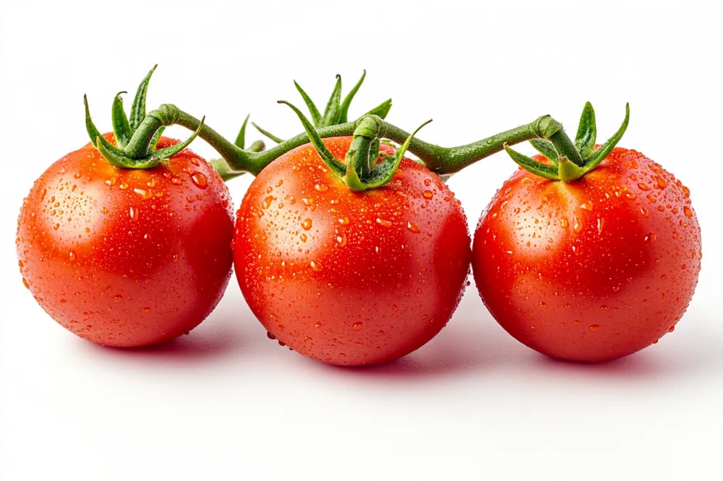 Three ripe, red tomatoes are clustered together on a vine, showcasing their vibrant color and glistening with water droplets.  The tomatoes are plump and appear juicy, set against a clean white background. The image highlights the freshness and quality of the produce.