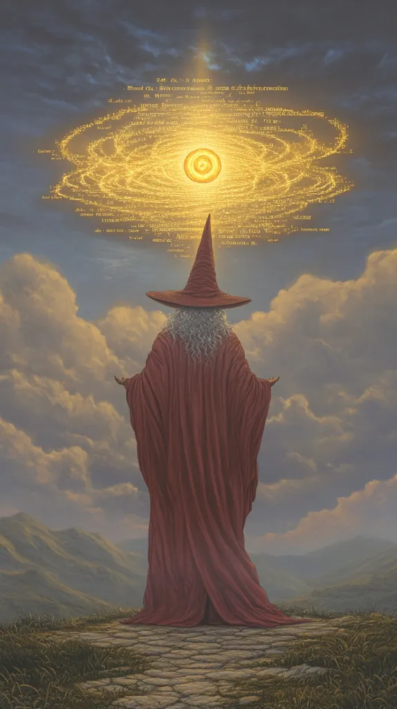 A wizard, cloaked in deep red, stands on a stone path overlooking rolling hills.  Above him, a swirling golden celestial sphere radiates light and displays an array of arcane text, suggesting a powerful magical incantation or prophecy. The scene evokes a sense of mystery and ancient power, set against a dramatic, moody sky.