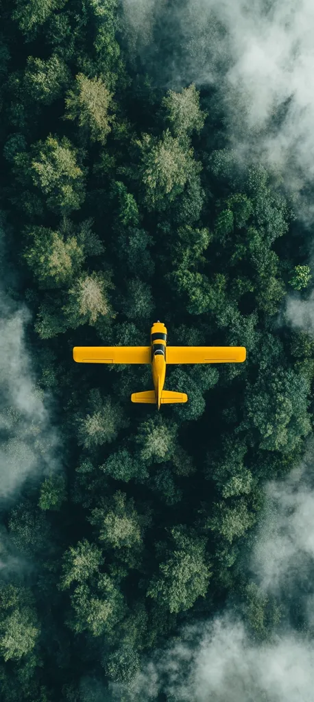 A vibrant yellow airplane flies above a dense, lush forest shrouded in mist.  The aerial perspective showcases the contrast between the bright aircraft and the deep green canopy below.  Clouds partially obscure the forest, adding a dramatic and ethereal quality to the scene.  The image evokes a sense of adventure and the beauty of untouched wilderness.