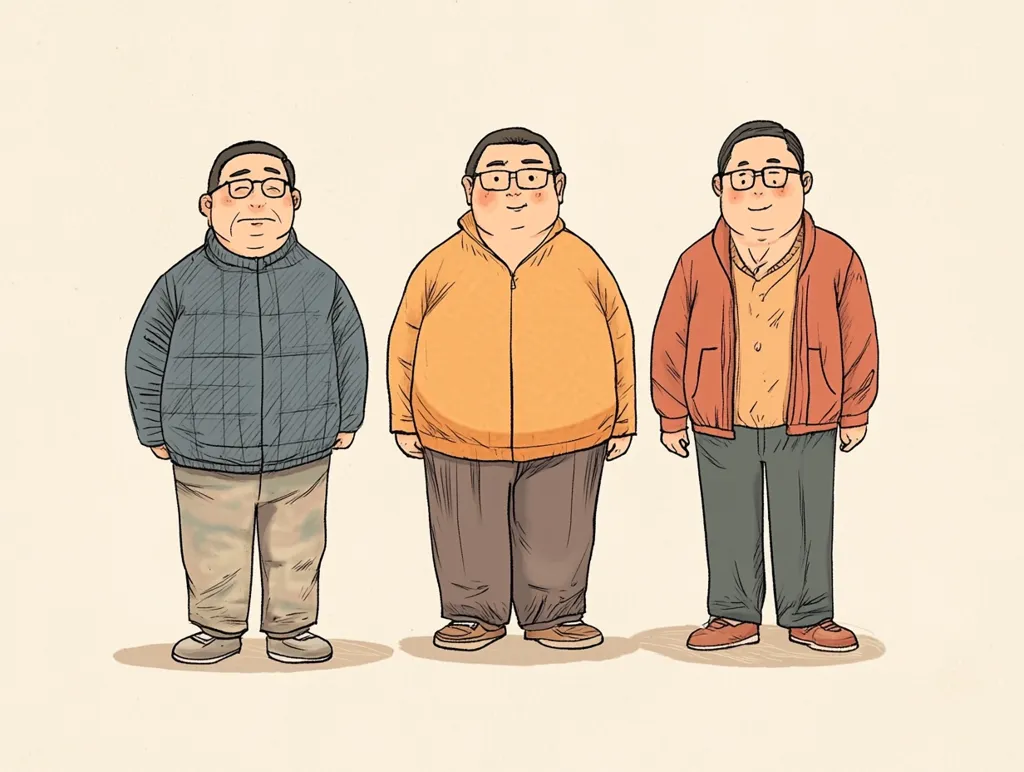 The illustration shows three cartoon men standing in a row.  All are chubby, middle-aged, and wear glasses.  Each man is dressed in casual attire: one in a blue quilted jacket and khaki pants, another in an orange jacket and brown pants, and the third in a coral jacket and dark gray pants.  Their expressions are neutral and calm.  The style is simple, reminiscent of hand-drawn sketches with visible lines and shading.