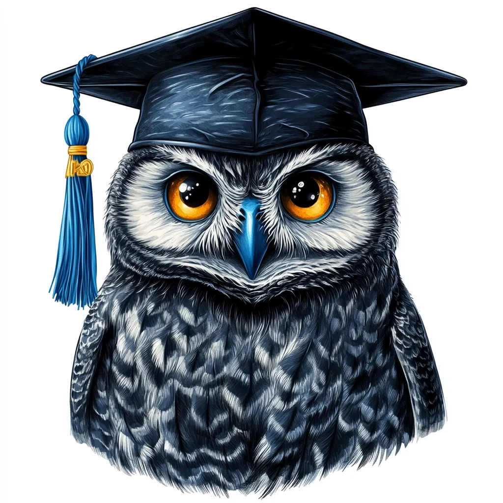 A meticulously detailed illustration showcases a wise owl, adorned with a graduation cap.  The owl's expressive eyes and sharp beak are prominent features, emphasized by the dark, textured feathers.  A vibrant blue tassel hangs from the cap, adding a pop of color against the dark plumage. The overall effect is one of scholarly wisdom and achievement.