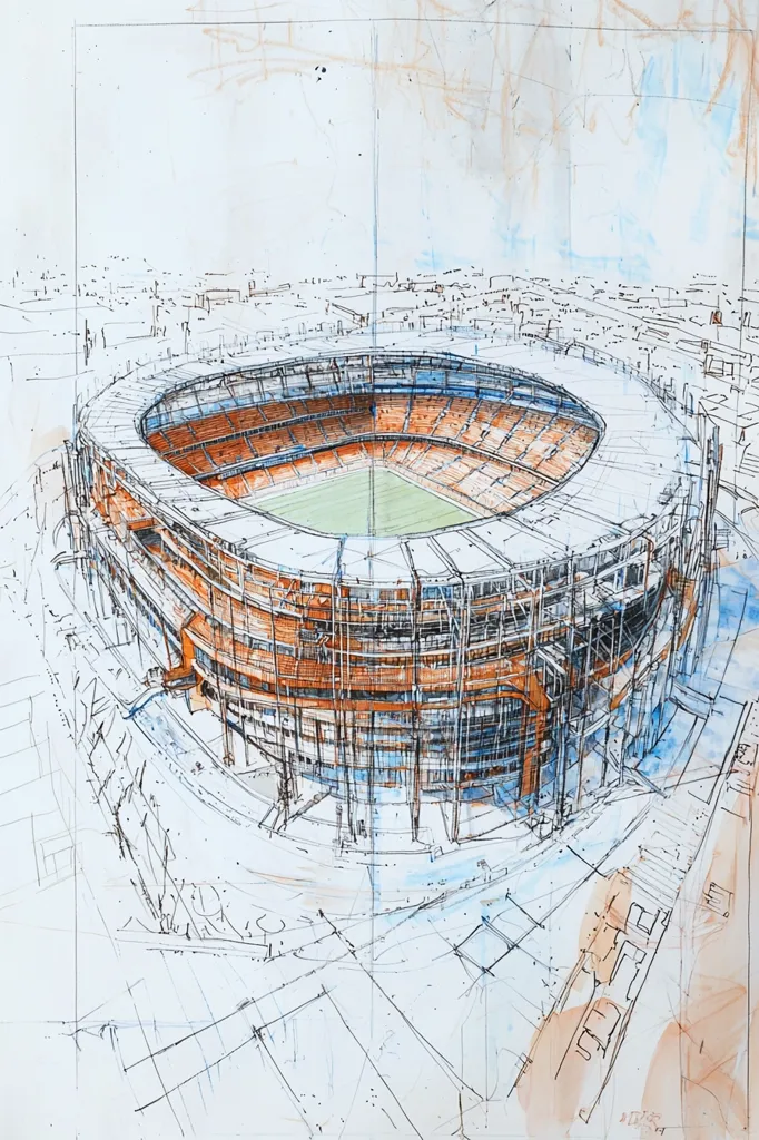 A detailed architectural sketch depicts a large stadium from a high-angle perspective.  The drawing style is loose and expressive, combining pen and ink with watercolor washes. The stadium's structure, including its tiered seating and underlying framework, is meticulously rendered, contrasted by a more impressionistic representation of the surrounding cityscape.  The overall effect is a dynamic blend of precision and fluidity, capturing both the building's form and its urban context.