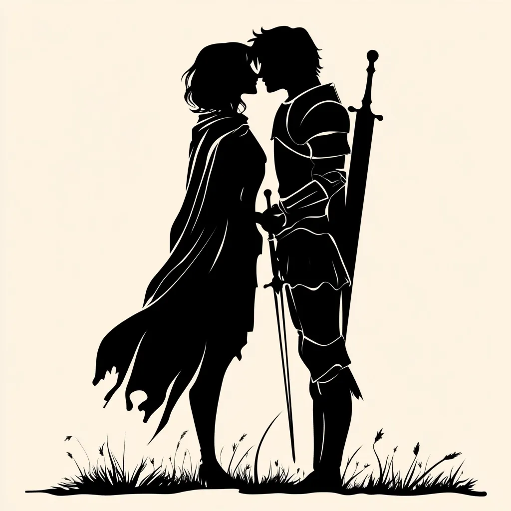 A silhouetted knight in full armor stands close to a cloaked woman, their foreheads touching in a tender moment.  They are positioned amidst tall grass, suggesting a peaceful, possibly romantic setting. The knight holds a large sword, adding a touch of medieval romance to the scene.  The stark black and white emphasizes their closeness and the quiet intimacy of the image.