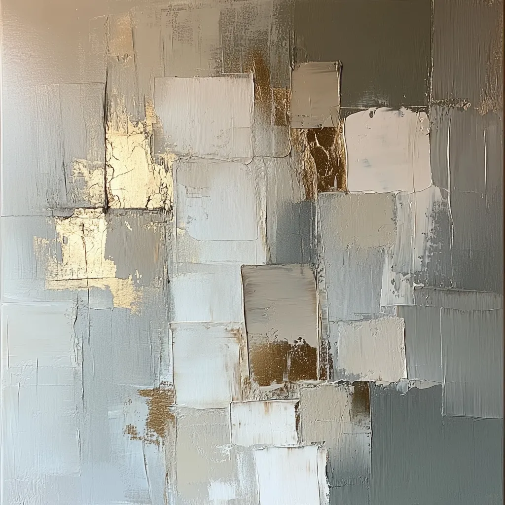 An abstract painting features a textured, layered composition of muted gray, beige, and white rectangular shapes.  Gold leaf accents are interspersed throughout, adding a touch of metallic shimmer. The impasto technique creates a three-dimensional effect, with visible brushstrokes and varying thicknesses of paint.  The overall effect is modern and sophisticated.