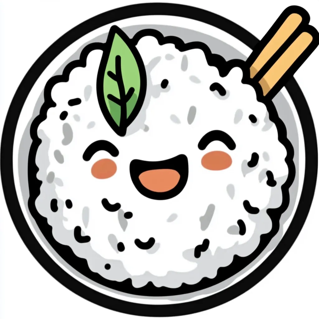 A cartoon illustration of a bowl of rice with a happy face.  The rice is white with a single green leaf garnish.  Two chopsticks rest on the top of the bowl.  The style is simple and childlike, with bold outlines and bright colors. The rice has rosy cheeks and a wide, cheerful smile.