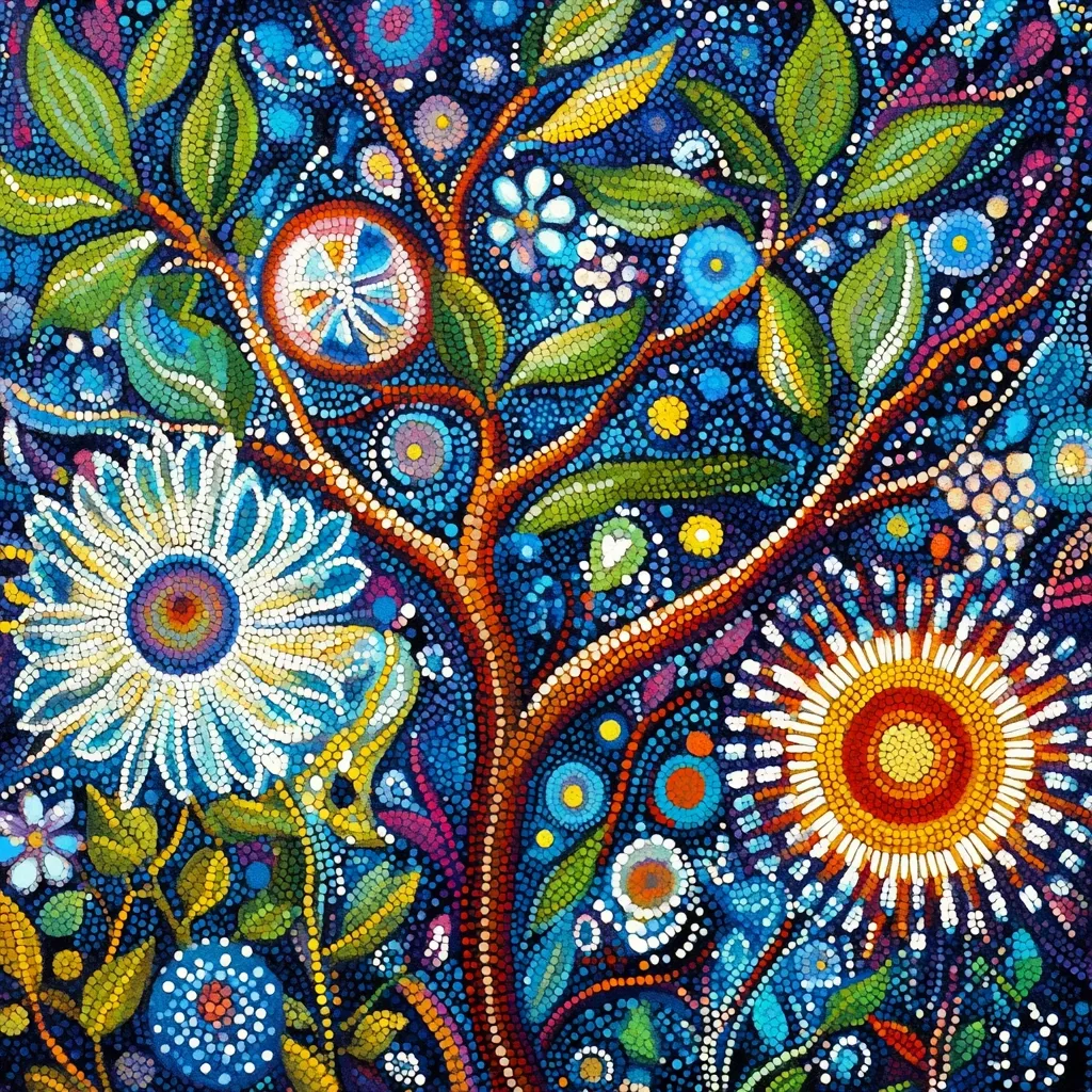 A vibrant pointillist painting depicts a stylized tree blossoming with multicolored flowers and leaves against a deep blue background.  The tree's trunk and branches are a rich orange-brown, contrasting with the bright, diverse floral elements.  The overall effect is one of energetic growth and vibrant life, created through thousands of tiny dots of paint.  The style suggests an Aboriginal or folk art influence.