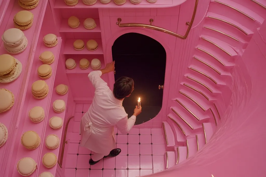 A person in a white chef's uniform holds a lit candle, illuminating a dark doorway in a vibrant pink room.  Shelves filled with macarons line the walls.  A curving pink staircase leads down, creating a whimsical and surreal atmosphere. The scene is highly stylized and saturated in pink.