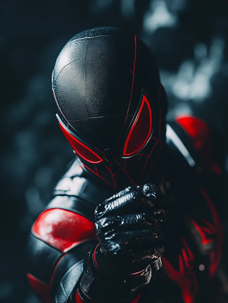 A close-up shot reveals a stylized Spider-Man figure, predominantly black with striking red accents. The suit features a sleek, textured design, and the character's eyes glow an intense red through the mask.  A clenched fist is prominently displayed in the foreground, suggesting action and power. The dark background enhances the dramatic lighting and the figure's menacing posture.