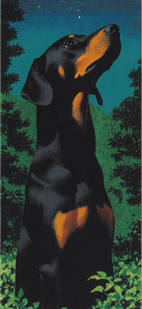 A Doberman Pinscher dog is depicted in profile view, gazing upward at a night sky dotted with stars.  The dog's coat is black with tan markings, and its expression is serene.  The background features lush, dark green foliage, creating a contrast with the dog's silhouette and the night sky. The overall style suggests a vintage or classic illustration.
