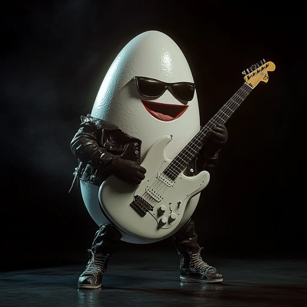 A large egg-shaped character, wearing sunglasses and a leather jacket, plays a white electric guitar.  The egg has a smiling face and is depicted in a dimly lit setting, giving it a cool, rock-and-roll vibe.  The image is a stylized 3D render, possibly for advertising or entertainment. The egg's pose is dynamic, suggesting energy and musical performance.
