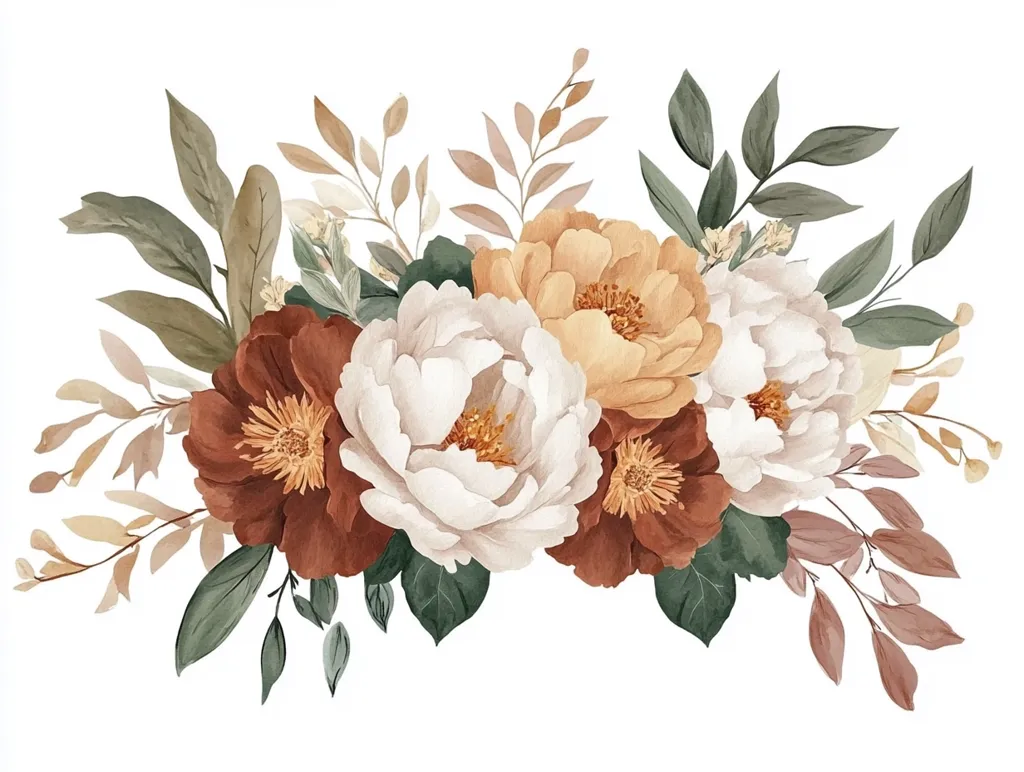 A watercolor painting of a floral arrangement features off-white and terracotta peonies as the focal point.  Surrounding them are muted orange blooms and various shades of green and brown foliage, creating a soft, earthy autumnal palette.  The arrangement is dense and lush, suggesting a bouquet or decorative piece.  The style is delicate and romantic, ideal for wedding invitations or home decor.