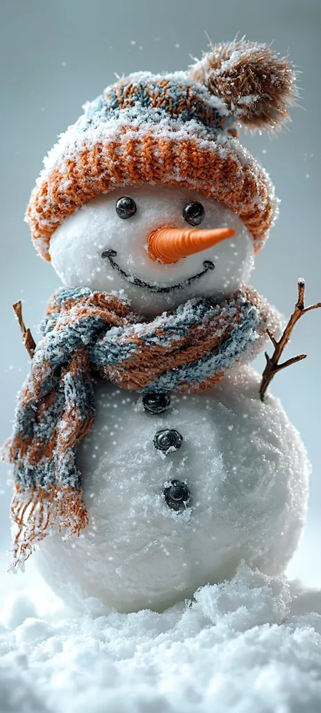 A charming snowman, adorned with a cozy orange and blue knitted hat and scarf, stands proudly in a snowy landscape.  Its carrot nose and coal buttons are dusted with a light layer of snow, adding to its wintery charm.  The snowman's cheerful expression and snowy surroundings create a festive and heartwarming scene.  Small twig arms add a rustic touch.