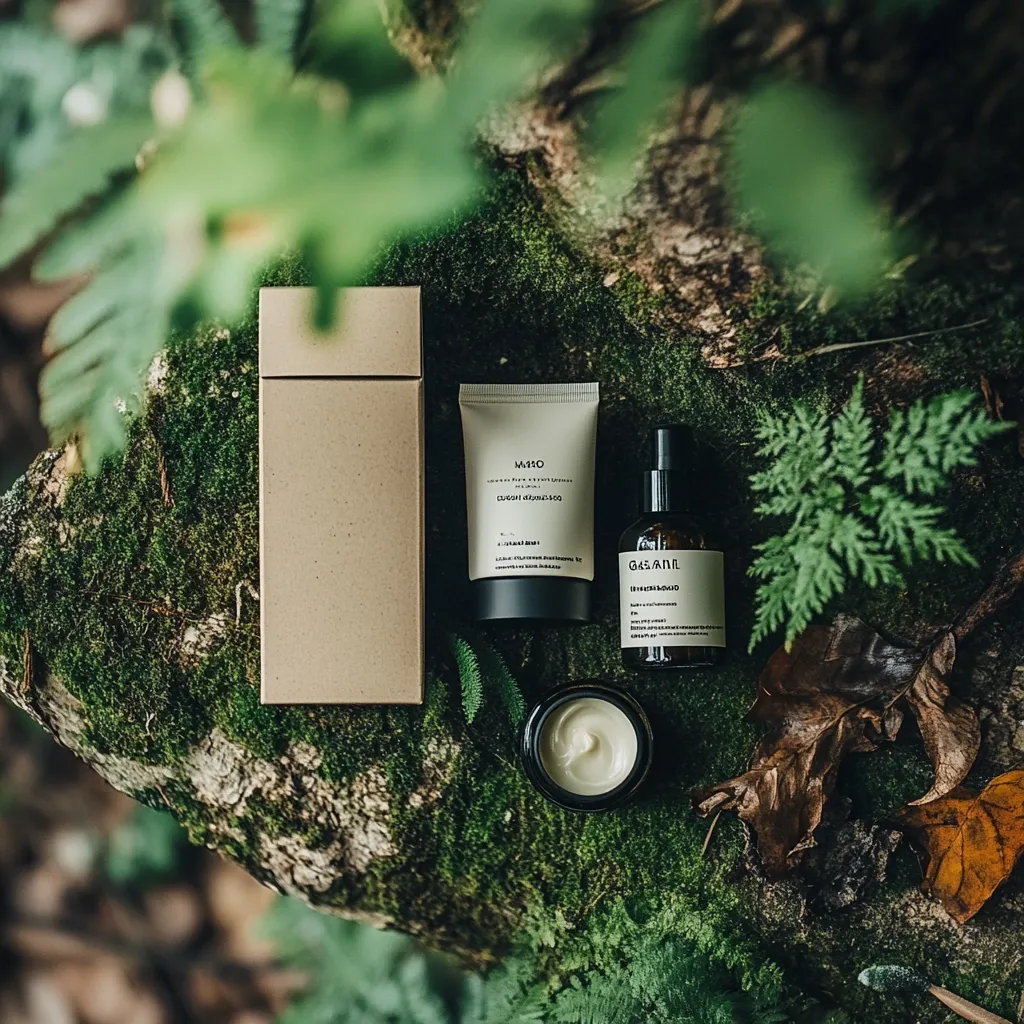 A flatlay showcasing natural skincare products nestled on a moss-covered log.  A kraft paper box sits beside a tube of face cream and a dark glass spray bottle, all with minimalist branding. A small jar of cream completes the arrangement, surrounded by lush green foliage and fallen leaves, creating a serene, nature-inspired aesthetic.
