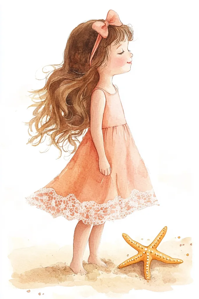 A watercolor illustration depicts a little girl with long brown hair, wearing a peach dress adorned with lace, and a pink bow.  She stands barefoot on a sandy beach, eyes closed, seemingly lost in thought. A golden starfish lies on the sand near her feet, adding to the serene beach scene. The style is whimsical and charming.