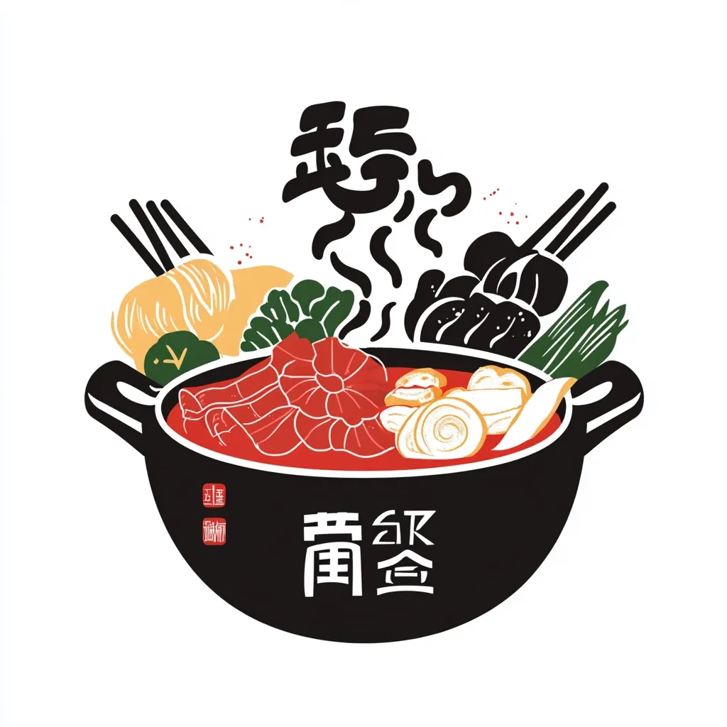 A stylized illustration depicts a bubbling hot pot brimming with various ingredients including meat slices, vegetables, and dumplings.  Skewers of meat and noodles are positioned above, adding to the vibrant scene.  The pot is black, with Chinese characters signifying the restaurant name.  The overall style is graphic and playful, suggestive of a restaurant menu or advertisement.