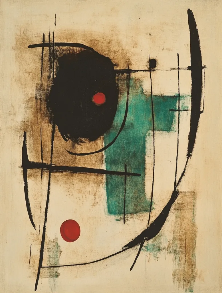 An abstract painting features a beige background overlaid with bold black lines forming geometric shapes.  A large, dark circle with a small red dot is positioned centrally, contrasted by a teal-green form.  Another red dot rests below. The style is reminiscent of mid-20th century abstract expressionism, with a focus on gestural brushstrokes and color interplay.  The overall effect is one of dynamic energy and balanced asymmetry.
