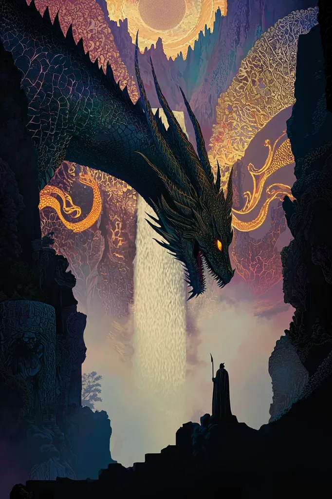 A majestic, dark-scaled dragon looms over a cascading waterfall, its head and neck dominating the foreground.  A lone, cloaked figure with a spear stands in silhouette on a rocky outcrop, dwarfed by the immense creature.  The background features a mystical landscape of swirling colors and ornate, golden patterns etched into the rock formations.  A celestial orb hangs in the upper sky, adding to the ethereal and dramatic atmosphere.