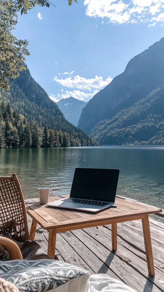 A laptop sits on a wooden table overlooking a serene lake nestled between majestic mountains.  The tranquil scene is idyllic, with a mug placed beside the computer.  A comfortable wicker chair and soft cushions suggest a relaxing workspace in a breathtaking natural setting.  The clear blue sky and lush greenery create a picturesque view.