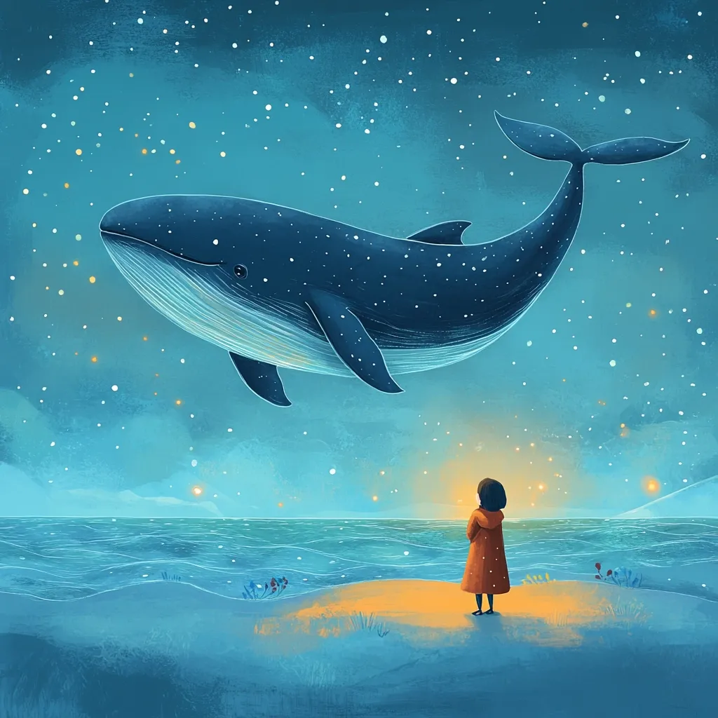 A whimsical illustration depicts a young girl standing on a beach at night, gazing up at a colossal whale soaring through a star-dusted sky. The ocean stretches before her, calm and serene, reflecting the ethereal glow of the celestial scene. The whale, rendered with gentle strokes, seems peaceful and magical, creating a dreamlike atmosphere. The overall tone is one of quiet wonder and gentle connection between the human world and the vastness of nature.