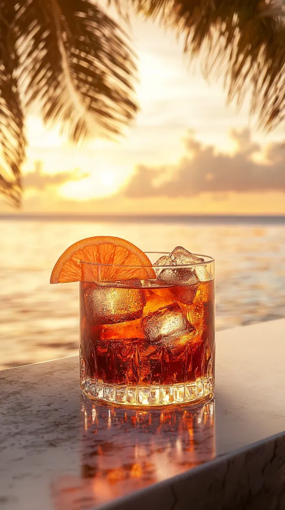 A rocks glass filled with an amber-colored cocktail sits on a bar top.  Ice cubes are visible within the drink, and a slice of orange rests on the rim. The backdrop is a breathtaking sunset over a calm ocean, partially obscured by palm fronds. The scene evokes a sense of relaxation and tropical vacation.