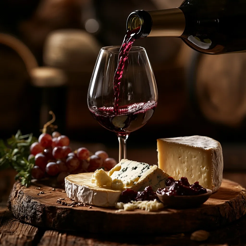 Red wine is poured into a glass, accompanied by a selection of cheeses – a creamy brie, a sharp cheddar, and a pungent blue cheese – arranged on a rustic wooden board.  A small bowl of fruit preserves sits beside the cheeses, and a bunch of red grapes adds a touch of color. The scene is dimly lit, creating a warm and inviting ambiance perfect for a wine and cheese tasting.