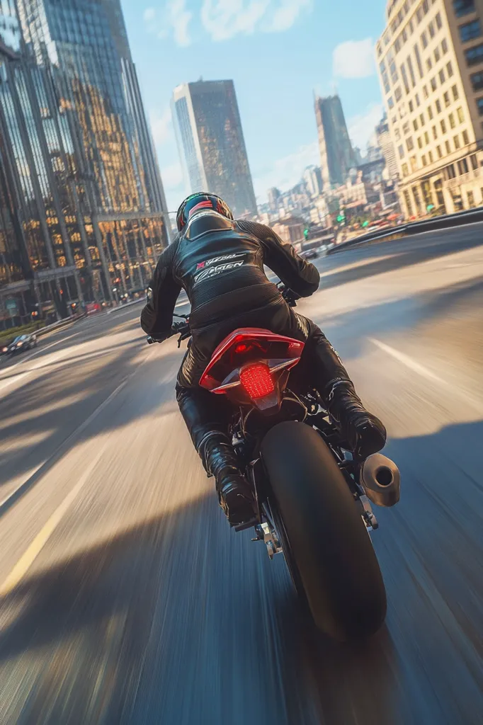 A motorcyclist speeds through a city street, skyscrapers towering on either side.  The rider's back is to the camera, their black leather racing suit and helmet visible.  The city is bathed in sunlight, the blurred background suggesting high speed.  The motorcycle's rear taillight glows brightly. The scene is dynamic and captures the thrill of urban riding.