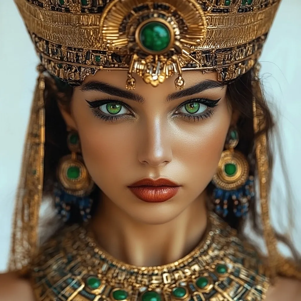 A captivating portrait of a woman adorned in opulent Egyptian-inspired jewelry.  She wears a large, ornate gold crown and matching necklace and earrings, all embellished with striking green gemstones.  Her makeup is dramatic, featuring winged eyeliner and a rich, copper lip color, complementing her intense green eyes. The overall effect is one of regal beauty and ancient mystique.