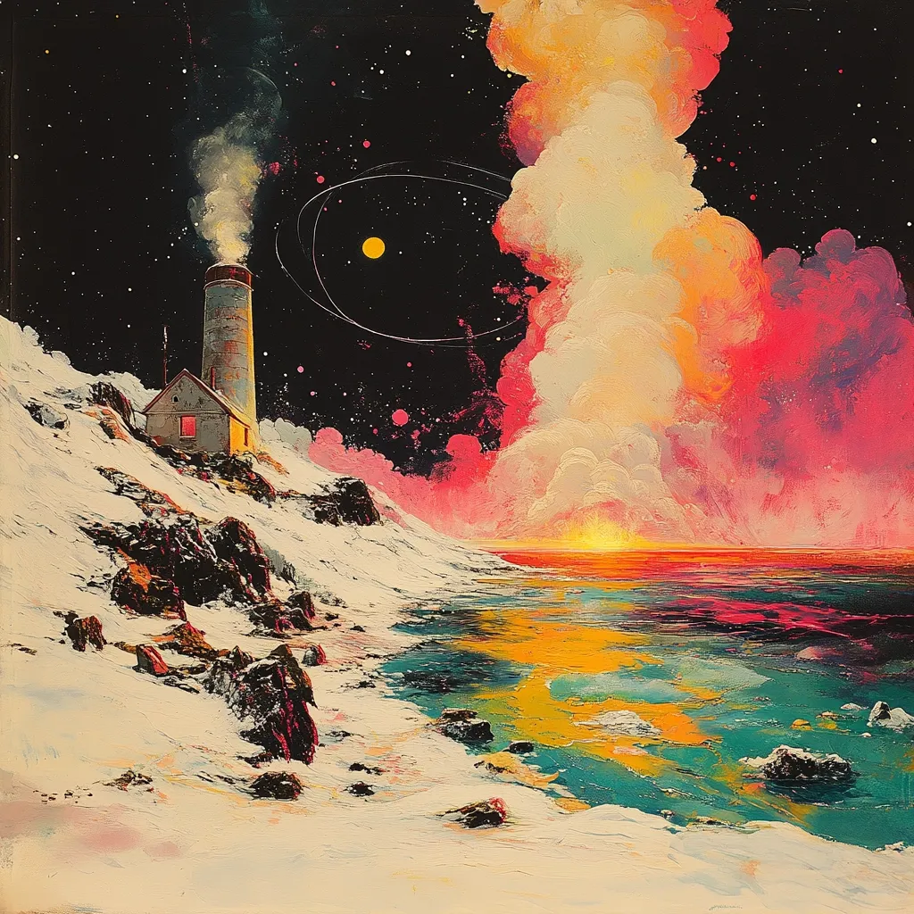 A surreal landscape painting depicts a snow-covered coastline with a small house and lighthouse.  A vibrant, otherworldly sunset fills the sky with swirling pink, orange, and yellow clouds, punctuated by a yellow planet and a dark, starry background. The ocean reflects the fiery colors, creating a dreamlike atmosphere.  The scene is both serene and fantastical.