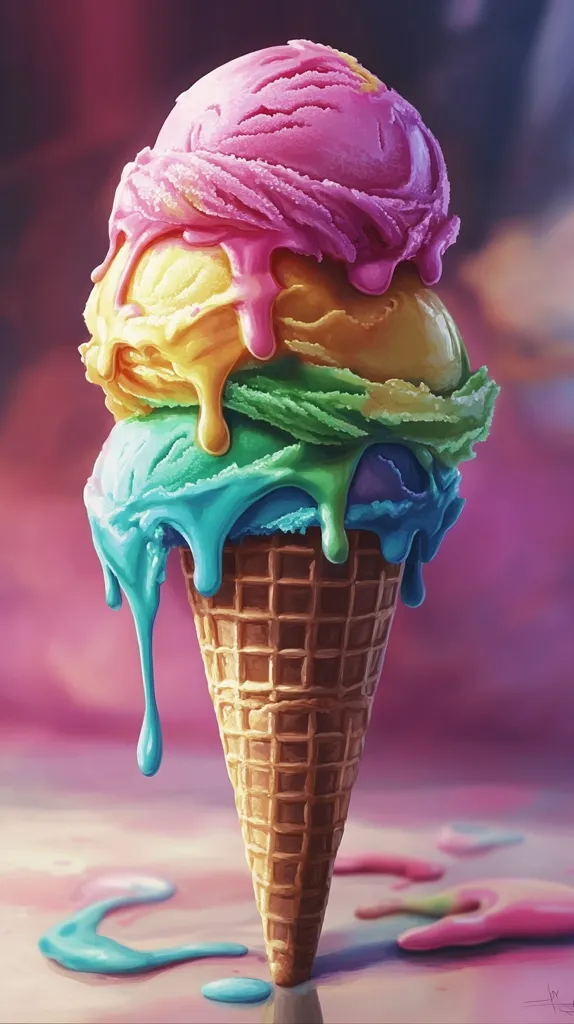 A digitally painted image of a three-scoop ice cream cone.  The scoops are vibrant pink, yellow, and teal, melting dramatically down the sides of a crispy waffle cone.  Bright, colorful drips of melted ice cream splatter the surface beneath, creating a visually appealing, almost surreal, depiction of a summer treat.