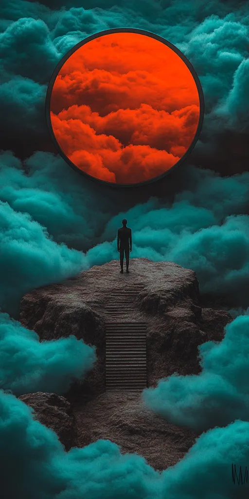 A solitary figure stands on a rocky outcrop, a stairway leading down into a surreal landscape of teal clouds.  Above, a large circular frame reveals a fiery orange sky filled with clouds. The scene is dreamlike and otherworldly, blending contrasting colors and textures to create a sense of mystery and contemplation.  The overall mood is one of isolation and awe.