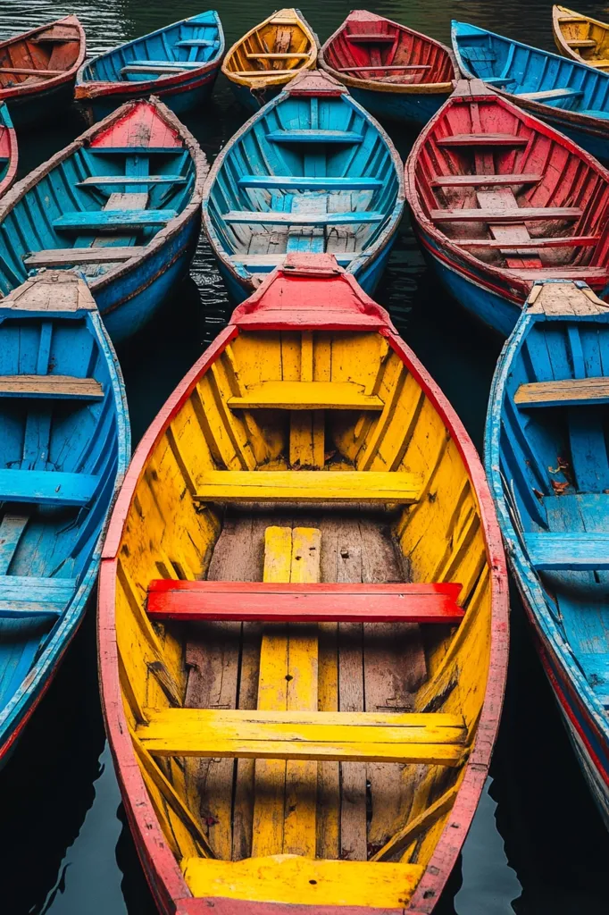 Vibrant, colorful wooden boats are moored on calm, dark water.  The boats, predominantly blue, red, and yellow, are arranged closely together, creating a striking visual contrast.  Their weathered wood and paint reveal a sense of age and history, suggesting frequent use. The scene is tranquil and picturesque, capturing the essence of a serene waterfront setting.