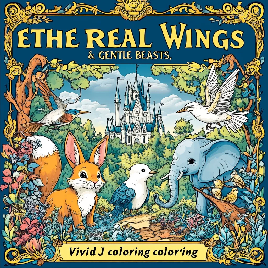 This is a coloring book cover titled "Ethe Real Wings & Gentle Beasts" by Vivid J.  The illustration features a fairytale castle surrounded by a whimsical garden.  Various animals, including a fox, elephant, birds, and a hummingbird, are depicted in intricate detail, ready to be colored.  The overall style is enchanting and inviting for coloring enthusiasts.