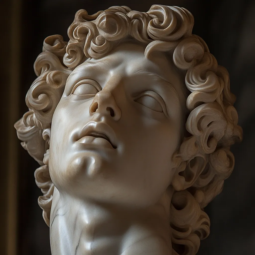 A close-up of a marble bust depicts a young man with intricately carved curly hair.  His head is tilted back, eyes closed, and mouth slightly open, suggesting a moment of peaceful contemplation or ecstasy. The fine detail of the marble captures the subtle nuances of expression and texture in the hair and skin.  The lighting highlights the smooth surface and the depth of the carving.