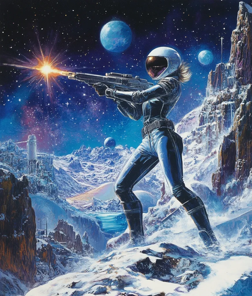 A female astronaut in a white helmet and futuristic blue suit fires a rifle on a snow-covered alien planet.  The backdrop is a breathtaking expanse of icy mountains, a deep blue valley, and multiple moons in a vibrant, star-filled sky.  Structures resembling buildings and towers are visible in the distance, suggesting a remote outpost or colony.  The scene is dynamic and evocative of science fiction adventure.