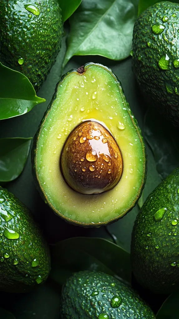 A close-up shot reveals a halved avocado, glistening with water droplets, nestled amongst whole avocados and vibrant green leaves.  The avocado's creamy flesh and large seed are clearly visible, contrasting with the dark green skin of the surrounding fruit. The overall image is rich in color and texture, emphasizing the freshness of the avocados.
