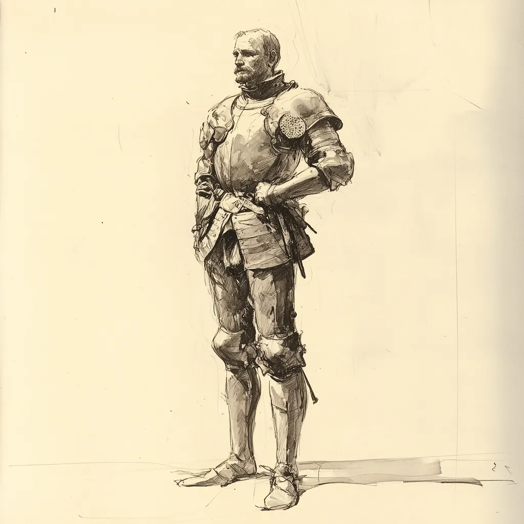 A detailed pen-and-ink sketch depicts a man in full 16th-century-style armor. He stands with hands on hips, his gaze directed slightly to his left. The armor is meticulously rendered, showcasing intricate details of the breastplate, tassets, and leg armor.  His facial features are sharply defined, conveying a sense of strength and seriousness.  The artist uses shading to create depth and texture, enhancing the realism of the figure.  The background is plain, allowing the armored figure to dominate the composition.