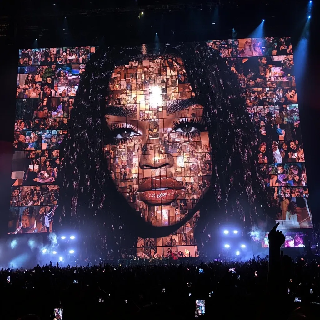 A massive LED screen at a concert displays a mosaic portrait of a young woman.  The mosaic is composed of numerous smaller images, possibly fan photos, forming her face.  A large crowd of concertgoers fills the arena below, many holding up their phones to record the spectacle.  The overall atmosphere is vibrant and energetic.