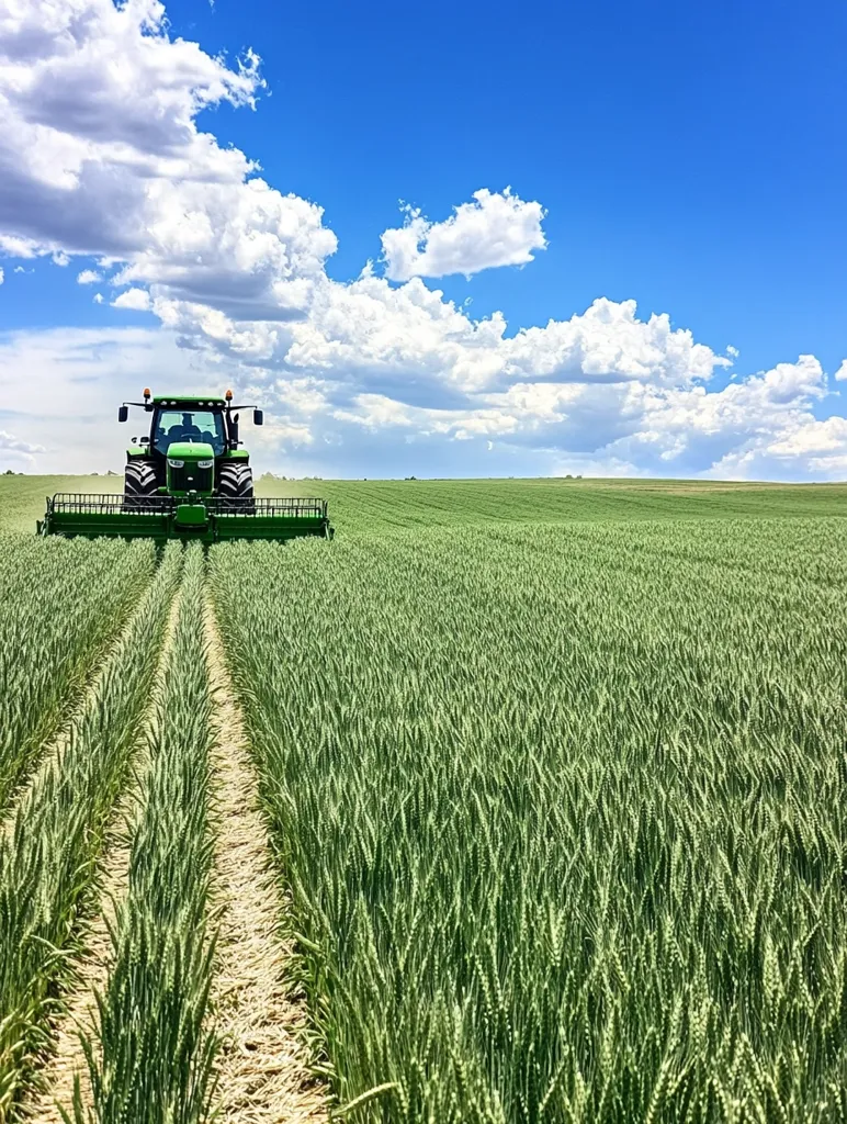 A green tractor with a harvesting attachment drives through a lush green wheat field under a vibrant blue sky dotted with fluffy white clouds.  The tractor leaves two distinct tire tracks in the crop. The scene evokes a sense of rural tranquility and agricultural productivity.
