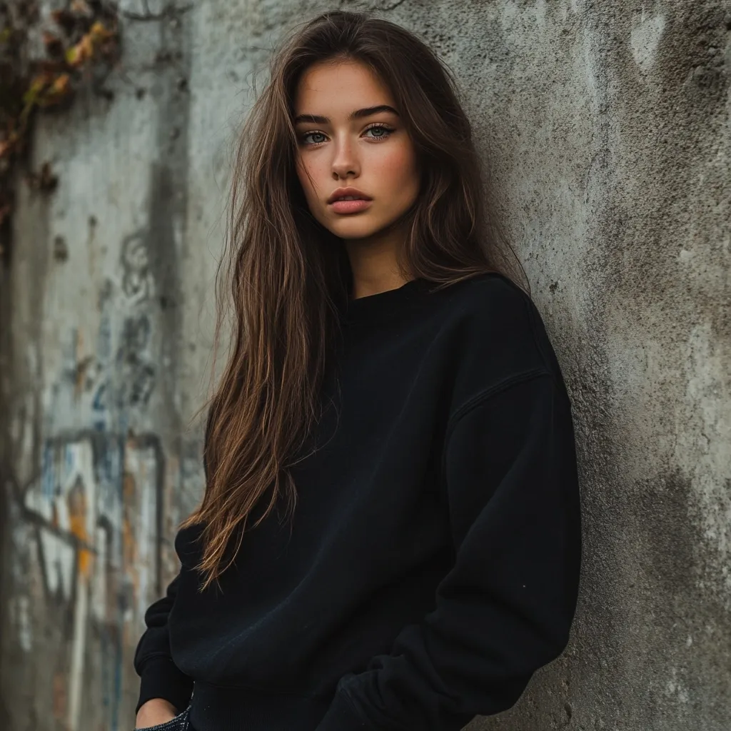 A young woman with long brown hair stands against a textured gray wall.  She's wearing a black crewneck sweatshirt, her hands in her pockets.  Her expression is serious and slightly pensive, her gaze directed towards the viewer.  The background features faded graffiti, adding to the urban atmosphere of the image.  The overall mood is moody and contemplative.