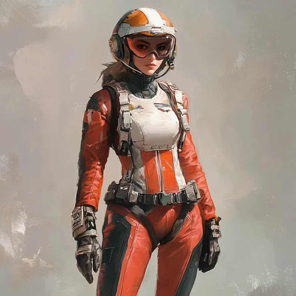 A digital painting depicts a female pilot in a futuristic, red and white flight suit.  She wears a helmet with a visor, and her expression is serious and determined. The style is painterly, with visible brushstrokes, giving the image a dynamic and slightly rough texture. The background is a muted gray, drawing focus to the figure.  The overall impression is one of strength and readiness for action.