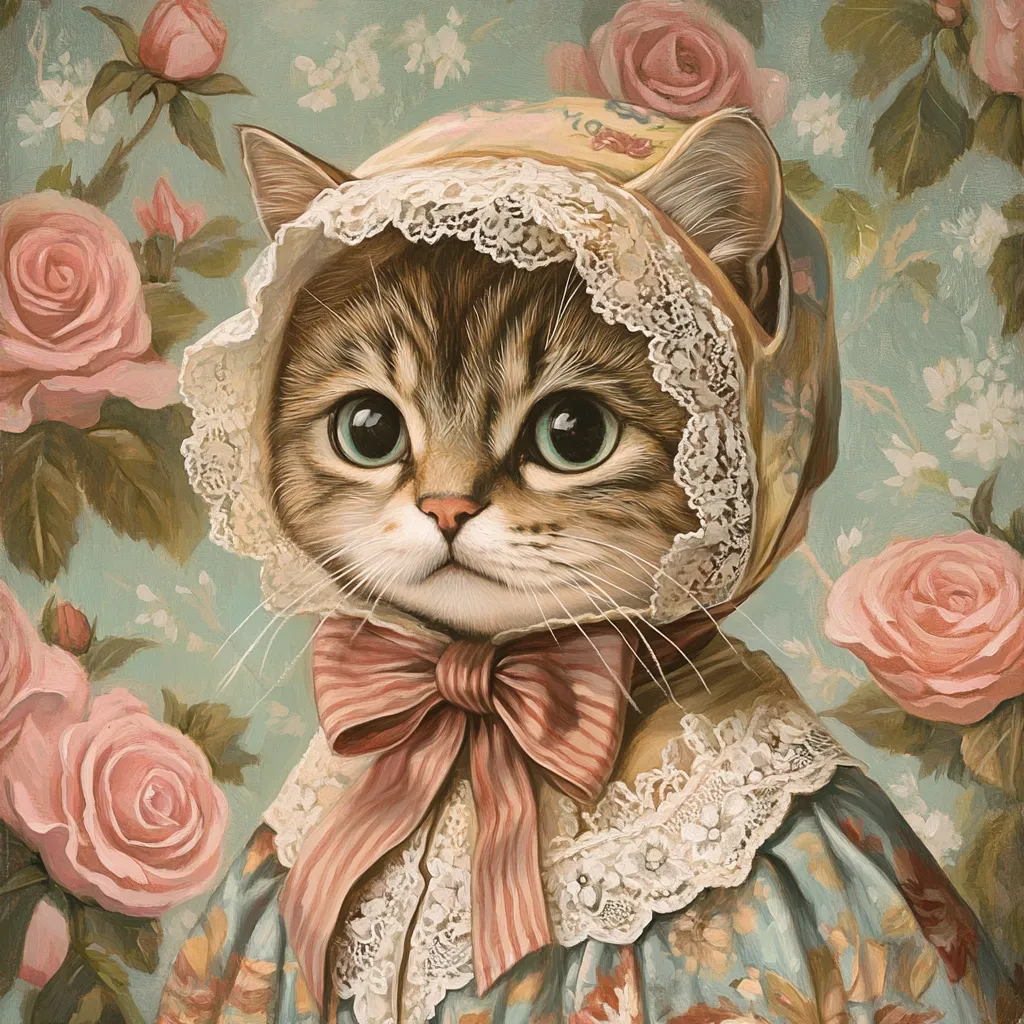 A charming tabby cat is depicted in a painting, wearing a bonnet adorned with delicate lace and a striped pink bow.  The cat's large, expressive eyes are captivating.  The background features a lush arrangement of pink roses and a muted teal backdrop, creating a vintage, romantic aesthetic.  The overall style is reminiscent of classical portraiture, but with a whimsical, feline twist.