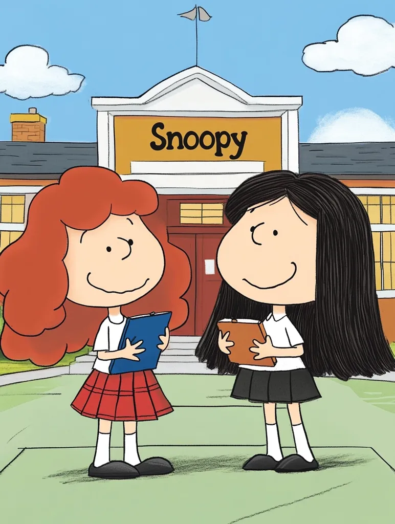 Two girls, one with red hair and a plaid skirt, the other with long black hair and a black skirt, stand in front of the "Snoopy" school building.  Both hold books, dressed in school uniforms. The scene is brightly colored and features a simple cartoon style reminiscent of the Peanuts comic strip.  A cheerful atmosphere prevails, suggesting a school day.