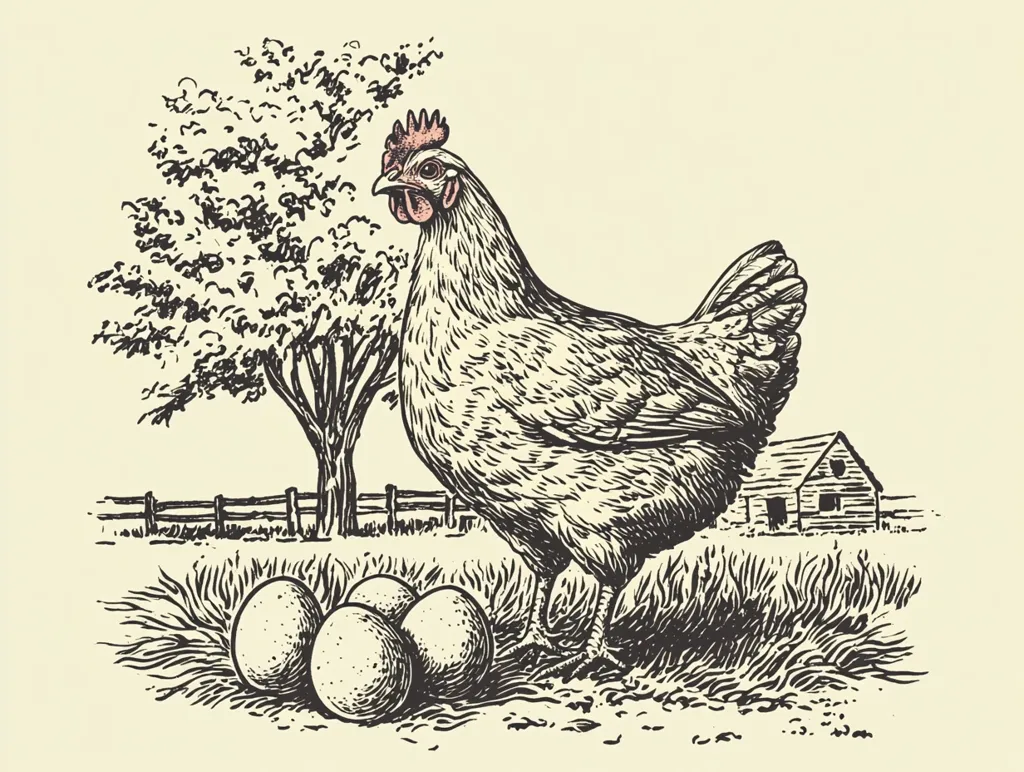 A detailed ink drawing depicts a hen standing proudly beside her nest of three eggs.  The hen is rendered with meticulous detail, showcasing her feathers and posture.  She is situated in a pastoral setting, with a small tree and a rustic barn visible in the background, suggesting a farm or rural landscape.  The overall style is reminiscent of vintage illustrations or woodcuts.