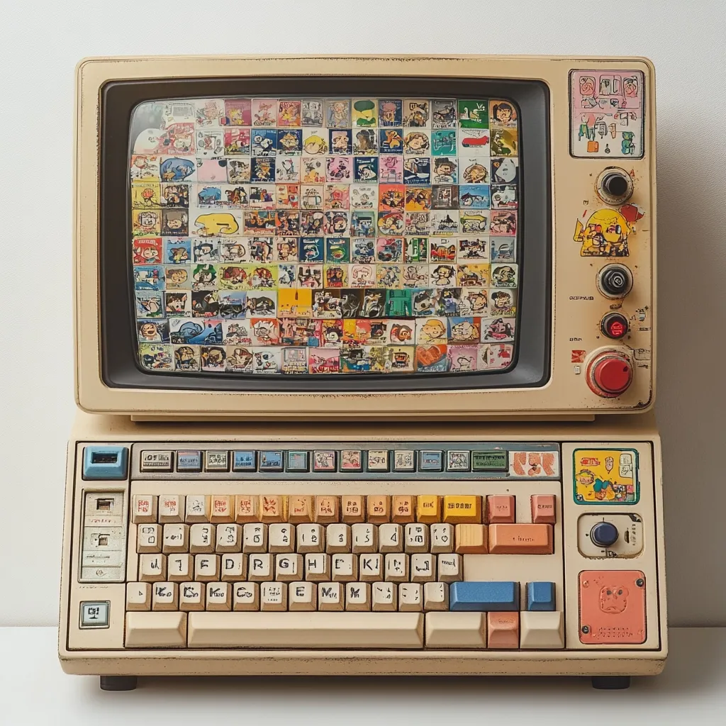 A vintage beige computer, reminiscent of 1980s technology, is displayed.  Its monitor showcases a mosaic of small, colorful cartoon images.  The keyboard features a unique layout with both English and possibly Asian characters. The overall aesthetic is retro and playful, suggesting a custom design or modification.  The machine appears well-preserved, exuding a nostalgic charm.