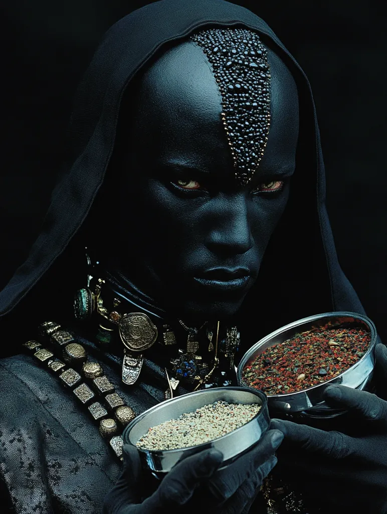 A dark-skinned figure, adorned in black robes and elaborate gold jewelry, holds two metallic bowls. One bowl contains a light-colored grain, while the other holds a vibrant mix of red and brown spices.  The figure's face is painted black, accented with a jeweled headdress, creating a striking and mystical image. The background is a deep black, enhancing the dramatic effect.