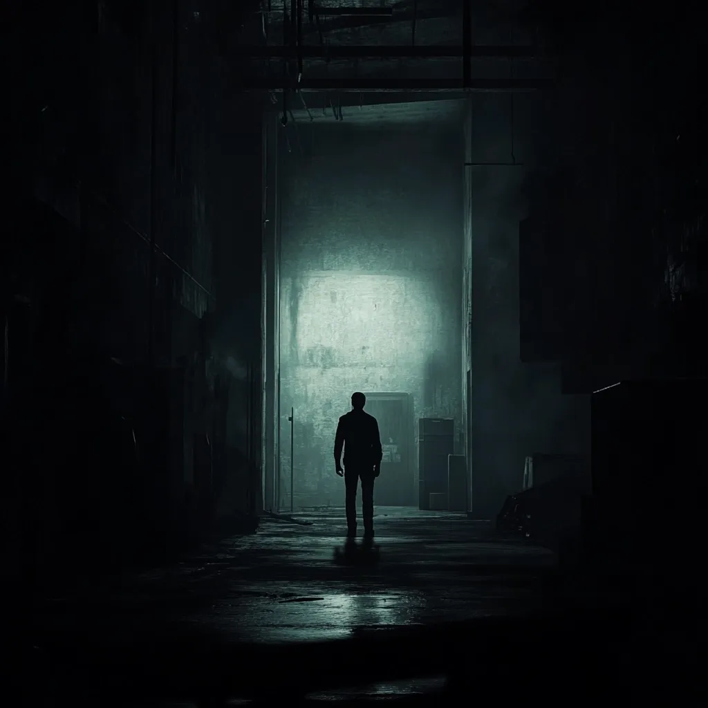 A solitary figure, silhouetted against a dimly lit, derelict corridor, stands in contemplation. The atmosphere is dark and mysterious, with a faint light emanating from the far end of the passage.  The walls are rough and textured, hinting at decay and neglect. The overall mood is one of isolation and suspense.