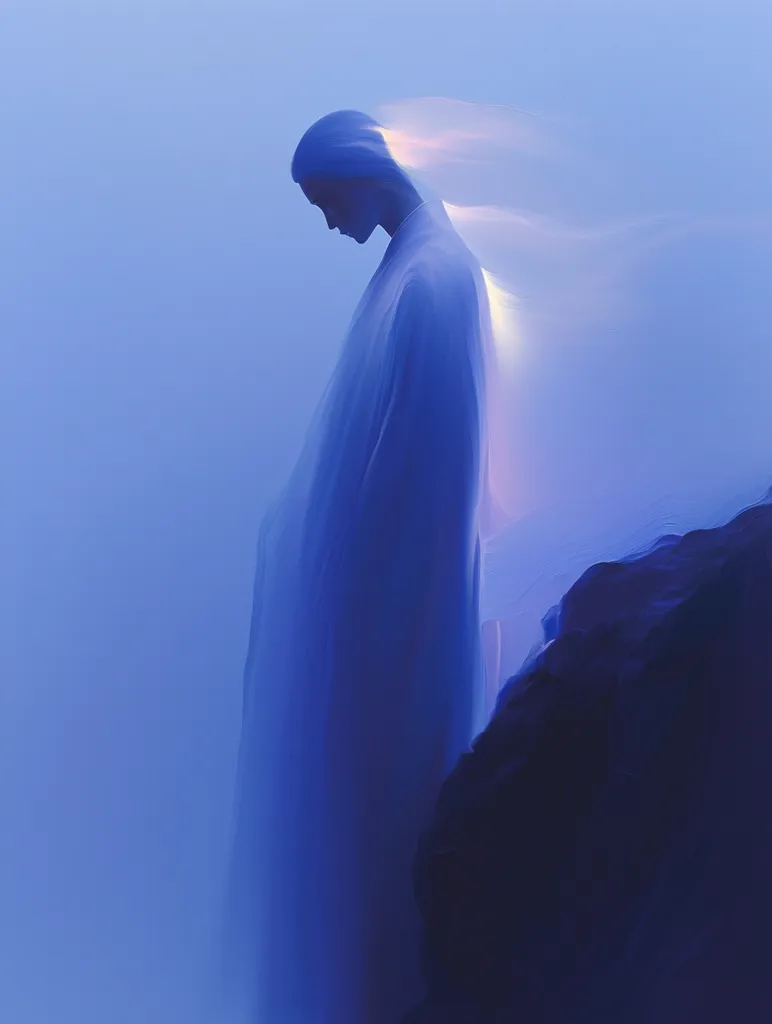 A digital painting depicts a solitary figure, cloaked in flowing white robes, standing against a misty blue backdrop.  The figure's head is bowed, and a luminous glow emanates from their hair, creating a ethereal and serene atmosphere.  Dark, shadowy rocks are visible in the lower right, contrasting with the soft, light-filled figure. The overall impression is one of peace and quiet contemplation.
